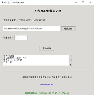 省流，直接發(fā)下載鏈接。  鏈接: https://pan.baidu.com/s/1ApuoSvq6NAORoM5GD3Oitg 提取碼: 68vq 復(fù)制這段內(nèi)容后打開百度網(wǎng)盤手機(jī)App，操作更方便哦  使用注意事項(xiàng)：免安裝綠色版，不會(huì)獲取系統(tǒng)任何權(quán)限，但是可能會(huì)被系統(tǒng)防火墻以及殺毒軟件攔截請?zhí)砑影酌麊位蛘哧P(guān)掉殺毒防火墻。  本公司自己開發(fā)的，開放免費(fèi)使用。   軟件名稱和版本  名稱: Data Converter Pro版本: v2.0  軟件說明和功能介紹  概述  Data Converter Pro 是一款功能強(qiáng)大的文件格式轉(zhuǎn)換工具，支持將文本文件（.txt）轉(zhuǎn)換為 Excel 文件（.xlsx），以及將 Excel 文件（.xlsx）轉(zhuǎn)換  為文本文件（.txt）。該軟件采用簡潔友好的用戶界面，方便用戶快速完成文件格式轉(zhuǎn)換任務(wù)。  主要功能  TXT 轉(zhuǎn) XLSX:  用戶可以選擇一個(gè) .txt 文件，并指定分隔符（如逗號、制表符、分號等）。  軟件會(huì)自動(dòng)檢測文件中的分隔符，并提供默認(rèn)分隔符選項(xiàng)。  轉(zhuǎn)換后的文件將保存為 .xlsx 格式，并顯示轉(zhuǎn)換狀態(tài)和結(jié)果信息。  XLSX 轉(zhuǎn) TXT:  用戶可以選擇一個(gè) .xlsx 文件，并指定輸出文本文件的分隔符。  軟件會(huì)讀取 Excel 文件內(nèi)容，并將其轉(zhuǎn)換為指定分隔符的文本文件。  轉(zhuǎn)換后的文件將保存為 .txt 格式，并顯示轉(zhuǎn)換狀態(tài)和結(jié)果信息。  文件選擇與預(yù)覽:  提供文件選擇對話框，方便用戶選擇需要轉(zhuǎn)換的文件。  顯示文件的基本信息，如文件大小和行數(shù)，幫助用戶確認(rèn)選擇的文件。  分隔符設(shè)置:  用戶可以手動(dòng)設(shè)置分隔符，以適應(yīng)不同的文件格式需求。  軟件會(huì)自動(dòng)嘗試檢測分隔符，并提供默認(rèn)選項(xiàng)。  狀態(tài)顯示:  在轉(zhuǎn)換過程中，軟件會(huì)實(shí)時(shí)顯示轉(zhuǎn)換狀態(tài)，包括“轉(zhuǎn)換中”、“成功”或“錯(cuò)誤”信息。  提供詳細(xì)的轉(zhuǎn)換結(jié)果信息，包括輸出文件路徑、文件大小、行數(shù)和轉(zhuǎn)換記錄數(shù)。  授權(quán)驗(yàn)證:  軟件包含授權(quán)驗(yàn)證功能，確保用戶擁有合法的使用權(quán)限。  顯示授權(quán)到期時(shí)間，并根據(jù)剩余天數(shù)以不同顏色提示用戶。  版權(quán)信息:  顯示軟件的版權(quán)信息和使用條款，確保用戶了解軟件的使用限制。  提供官方網(wǎng)站鏈接，方便用戶獲取更多信息和支持。  使用步驟  啟動(dòng)軟件:  運(yùn)行 Data Converter Pro，軟件會(huì)自動(dòng)進(jìn)行授權(quán)驗(yàn)證。  選擇轉(zhuǎn)換類型:  在“選擇轉(zhuǎn)換類型”部分，選擇“TXT 轉(zhuǎn) XLSX”或“XLSX 轉(zhuǎn) TXT”。  選擇文件:  點(diǎn)擊“選擇文件”按鈕，選擇需要轉(zhuǎn)換的文件。  軟件會(huì)顯示文件的基本信息，如文件大小和行數(shù)。  設(shè)置分隔符:  如果選擇“TXT 轉(zhuǎn) XLSX”，軟件會(huì)嘗試自動(dòng)檢測分隔符，并提供默認(rèn)選項(xiàng)。  如果選擇“XLSX 轉(zhuǎn) TXT”，用戶可以手動(dòng)設(shè)置輸出文本文件的分隔符。  開始轉(zhuǎn)換:  點(diǎn)擊“開始轉(zhuǎn)換”按鈕，軟件會(huì)開始轉(zhuǎn)換文件。  轉(zhuǎn)換過程中，軟件會(huì)實(shí)時(shí)顯示轉(zhuǎn)換狀態(tài)和結(jié)果信息。  查看結(jié)果:  版權(quán)信息  Data Converter Pro 僅可用于學(xué)術(shù)研究及信息安全評估，嚴(yán)禁用于任何非法用途。更多詳細(xì)信息請?jiān)L問 www.kepai.net。  轉(zhuǎn)換完成后，軟件會(huì)顯示詳細(xì)的轉(zhuǎn)換結(jié)果信息，包括輸出文件路徑、文件大小、行數(shù)和轉(zhuǎn)換記錄數(shù)。  用戶可以點(diǎn)擊“狀態(tài)”區(qū)域查看詳細(xì)的轉(zhuǎn)換日志。.jpg